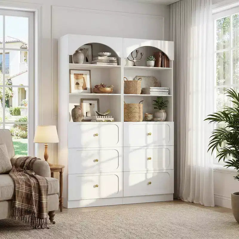 Meubles de rangement de garde-manger en bois Besiost avec étagères ouvertes à 3 niveaux, bibliothèque haute de 80 cm avec 3 tiroirs