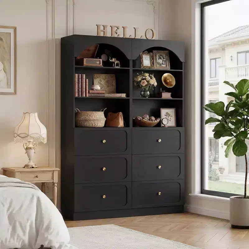 Meubles de rangement de garde-manger en bois Besiost avec étagères ouvertes à 3 niveaux, bibliothèque haute de 80 cm avec 3 tiroirs