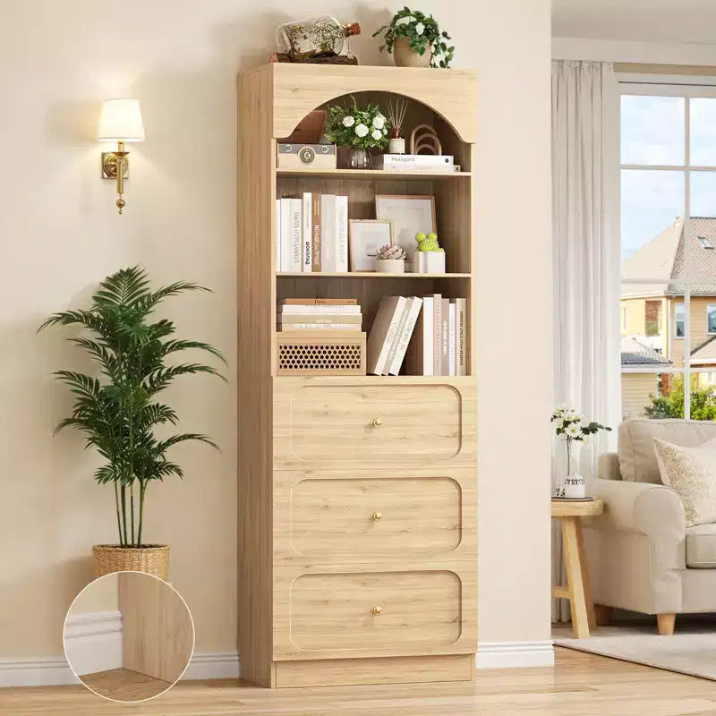 Meubles de rangement de garde-manger en bois Besiost avec étagères ouvertes à 3 niveaux, bibliothèque haute de 80 cm avec 3 tiroirs