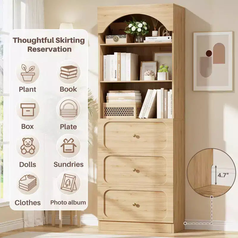 Meubles de rangement de garde-manger en bois Besiost avec étagères ouvertes à 3 niveaux, bibliothèque haute de 80 cm avec 3 tiroirs