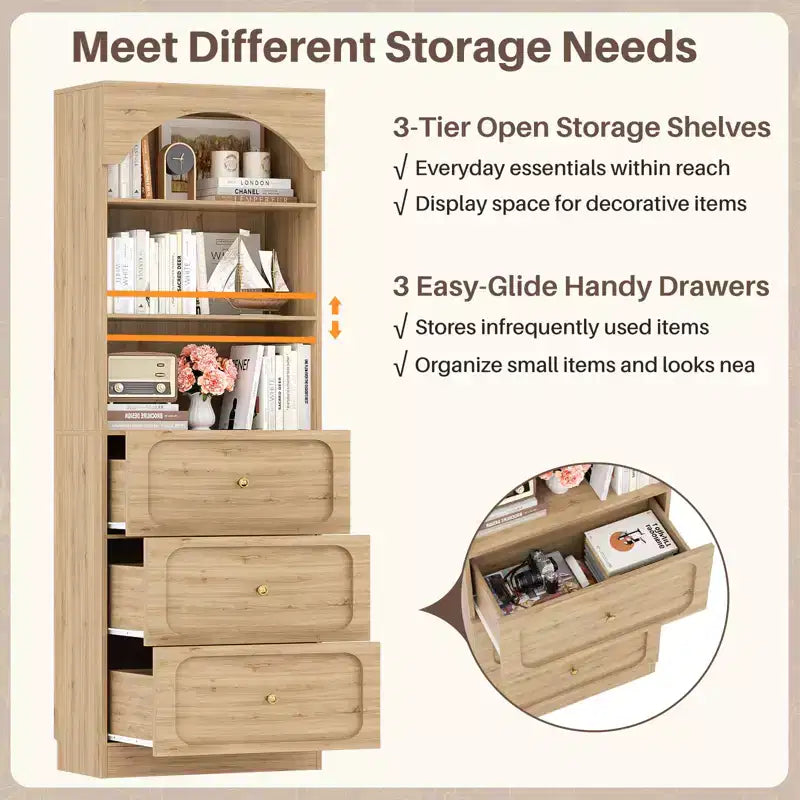 Meubles de rangement de garde-manger en bois Besiost avec étagères ouvertes à 3 niveaux, bibliothèque haute de 80 cm avec 3 tiroirs