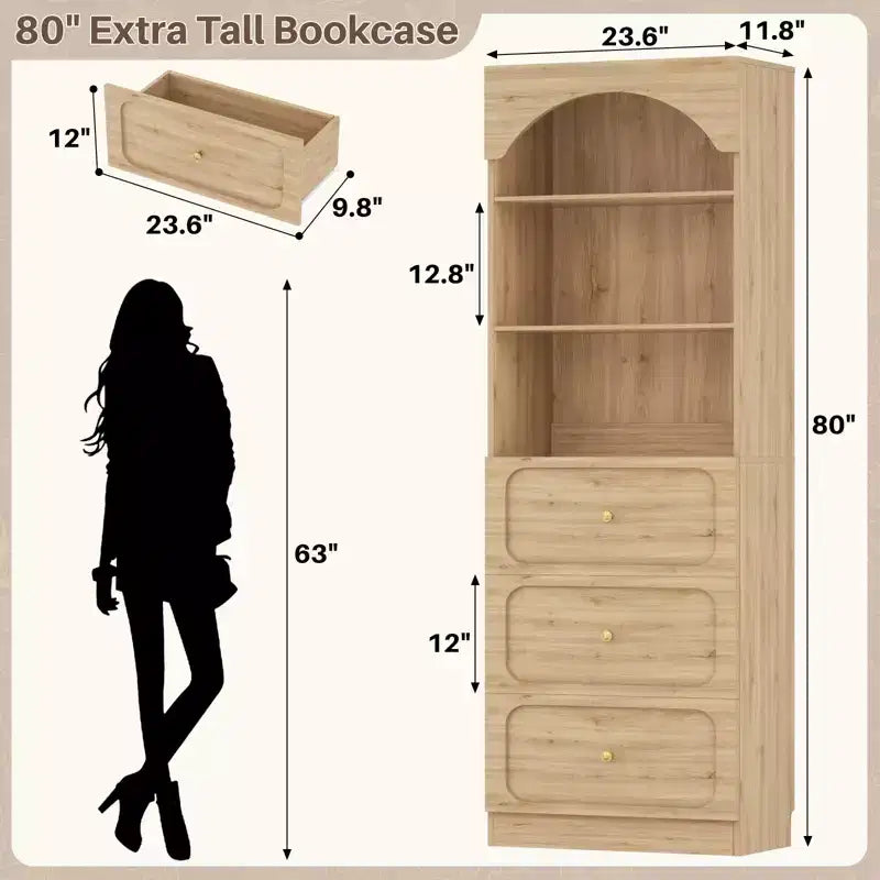 Meubles de rangement de garde-manger en bois Besiost avec étagères ouvertes à 3 niveaux, bibliothèque haute de 80 cm avec 3 tiroirs