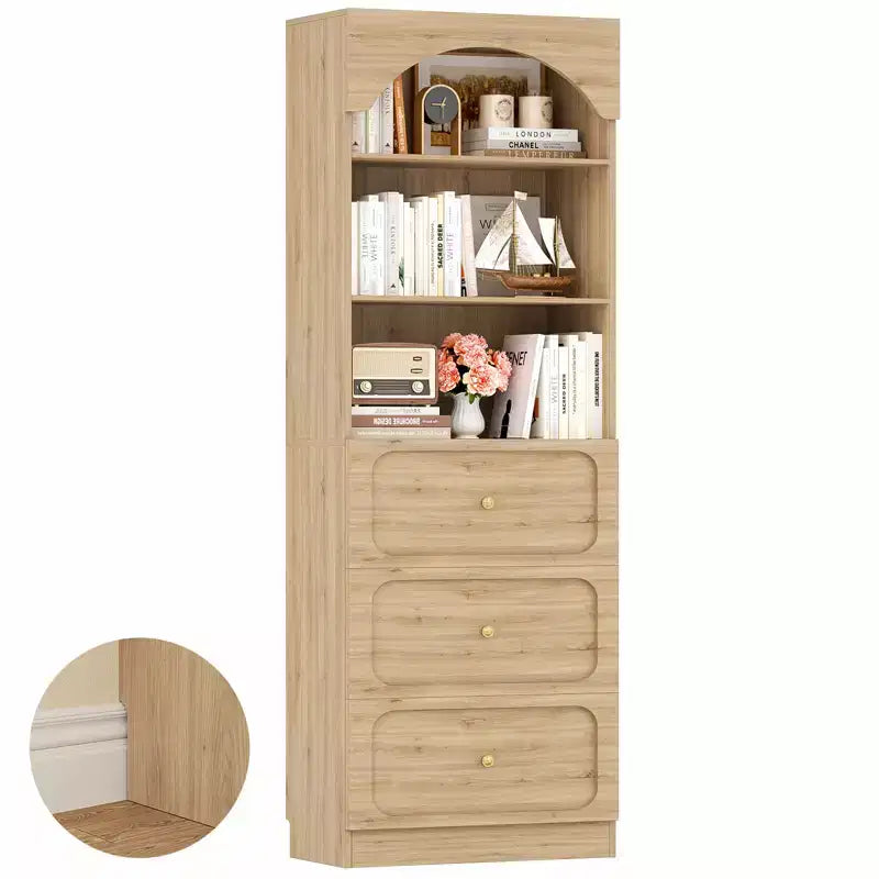 Meubles de rangement de garde-manger en bois Besiost avec étagères ouvertes à 3 niveaux, bibliothèque haute de 80 cm avec 3 tiroirs
