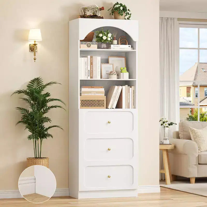 Meubles de rangement de garde-manger en bois Besiost avec étagères ouvertes à 3 niveaux, bibliothèque haute de 80 cm avec 3 tiroirs
