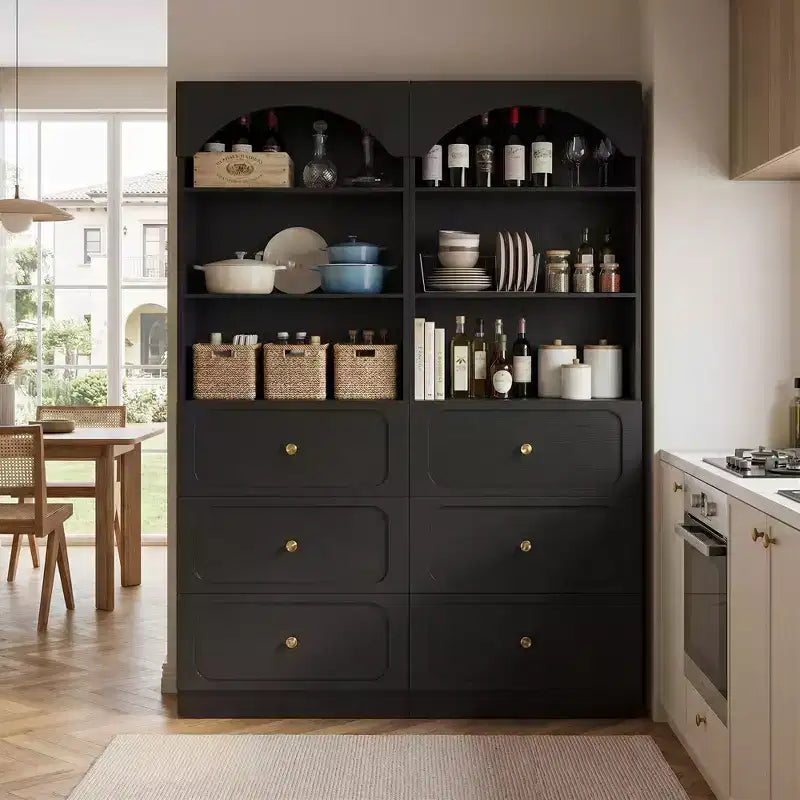 Meubles de rangement de garde-manger en bois Besiost avec étagères ouvertes à 3 niveaux, bibliothèque haute de 80 cm avec 3 tiroirs