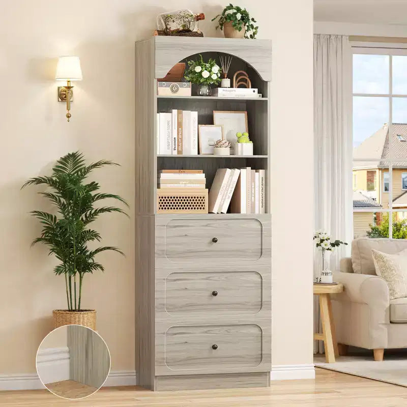 Meubles de rangement de garde-manger en bois Besiost avec étagères ouvertes à 3 niveaux, bibliothèque haute de 80 cm avec 3 tiroirs