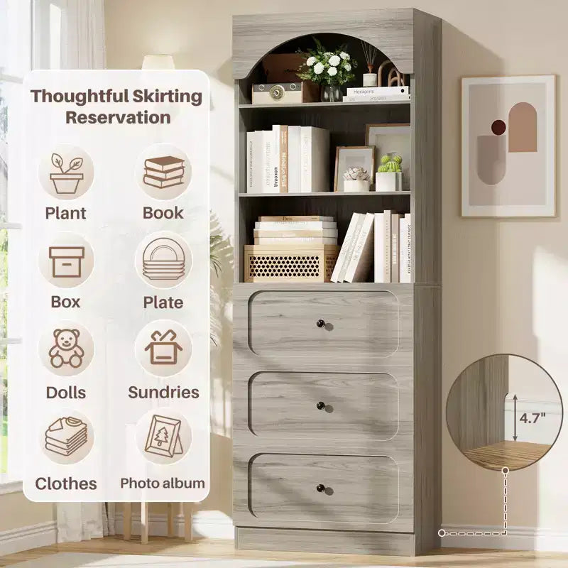 Meubles de rangement de garde-manger en bois Besiost avec étagères ouvertes à 3 niveaux, bibliothèque haute de 80 cm avec 3 tiroirs