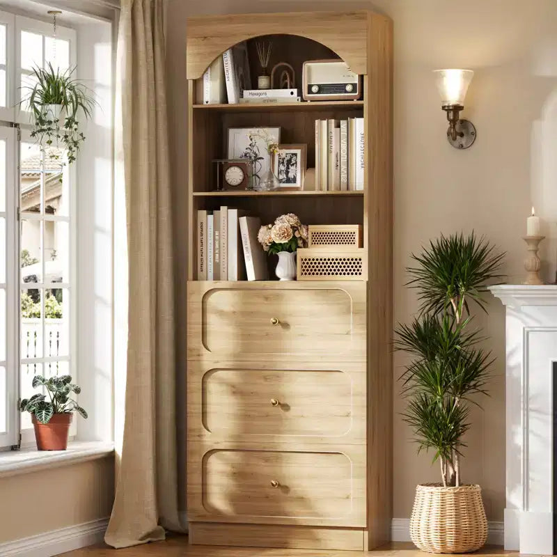 Meubles de rangement de garde-manger en bois Besiost avec étagères ouvertes à 3 niveaux, bibliothèque haute de 80 cm avec 3 tiroirs