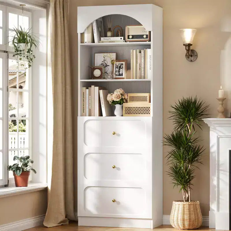 Meubles de rangement de garde-manger en bois Besiost avec étagères ouvertes à 3 niveaux, bibliothèque haute de 80 cm avec 3 tiroirs