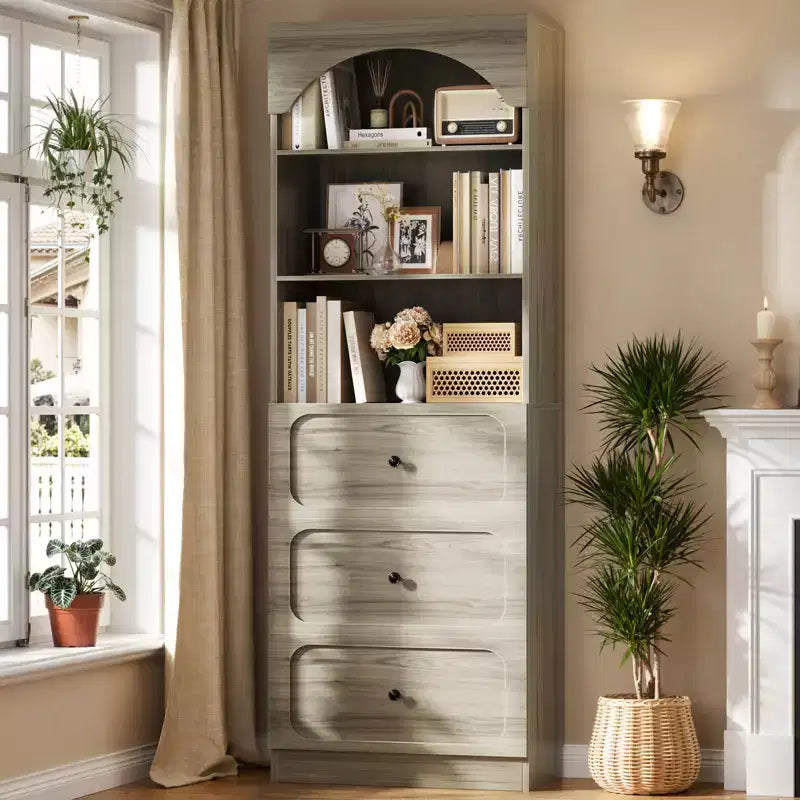 Meubles de rangement de garde-manger en bois Besiost avec étagères ouvertes à 3 niveaux, bibliothèque haute de 80 cm avec 3 tiroirs