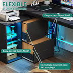 Bureau d'angle en L réversible noir de 55 pouces avec tiroirs et éclairage LED, avec 4 étagères de rangement ouvertes en verre