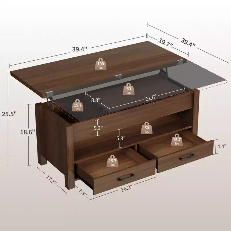 40 Table Basse Relevable Multifonctionnelle Convertible avec Tiroirs et Compartiment CachéSe Transforme en Table à Manger pour le Salon