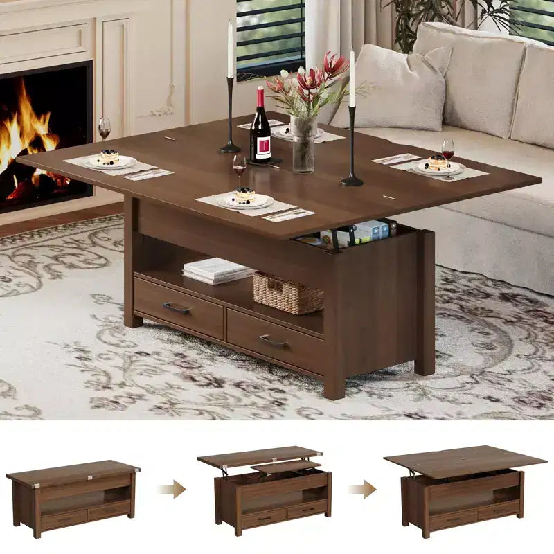 40 Table Basse Relevable Multifonctionnelle Convertible avec Tiroirs et Compartiment CachéSe Transforme en Table à Manger pour le Salon