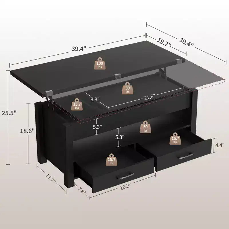 40 Table Basse Relevable Multifonctionnelle Convertible avec Tiroirs et Compartiment CachéSe Transforme en Table à Manger pour le Salon