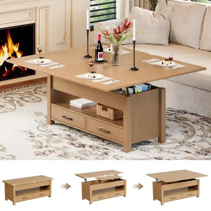 40 Table Basse Relevable Multifonctionnelle Convertible avec Tiroirs et Compartiment CachéSe Transforme en Table à Manger pour le Salon