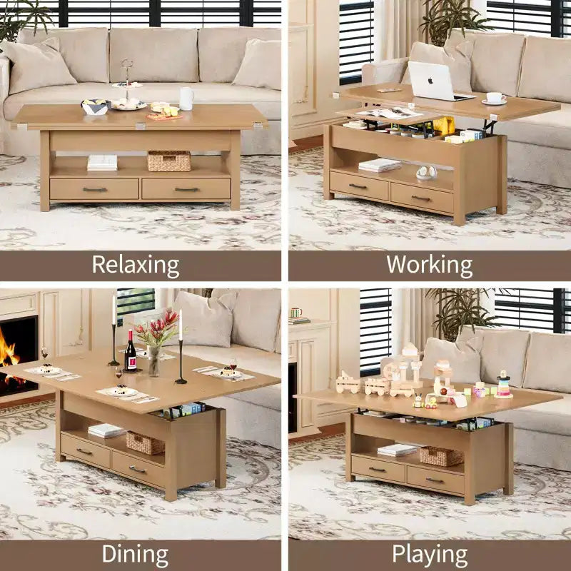 40 Table Basse Relevable Multifonctionnelle Convertible avec Tiroirs et Compartiment CachéSe Transforme en Table à Manger pour le Salon