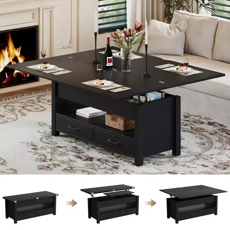 40 Table Basse Relevable Multifonctionnelle Convertible avec Tiroirs et Compartiment CachéSe Transforme en Table à Manger pour le Salon