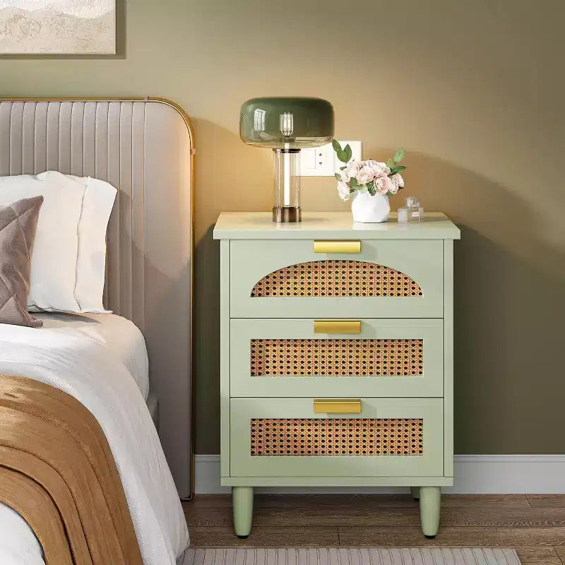Lantine Rattan Night Stand, Mint Green 3-Drawer Bedside Table with Storage, End Table for Bedroom, Living Room, Sofa, Office