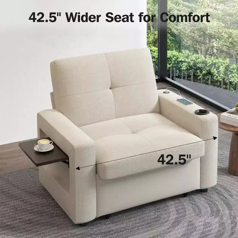 Dyonery Fauteuil Lit Canapé Convertible 3-en-1, 108 cm de Large avec Dossier Réglable, Ports de Charge USB, Table d'Appoint et Porte-Gobelet