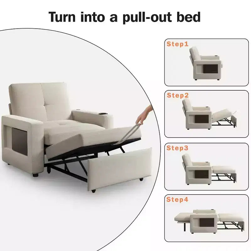 Dyonery Fauteuil Lit Canapé Convertible 3-en-1, 108 cm de Large avec Dossier Réglable, Ports de Charge USB, Table d'Appoint et Porte-Gobelet