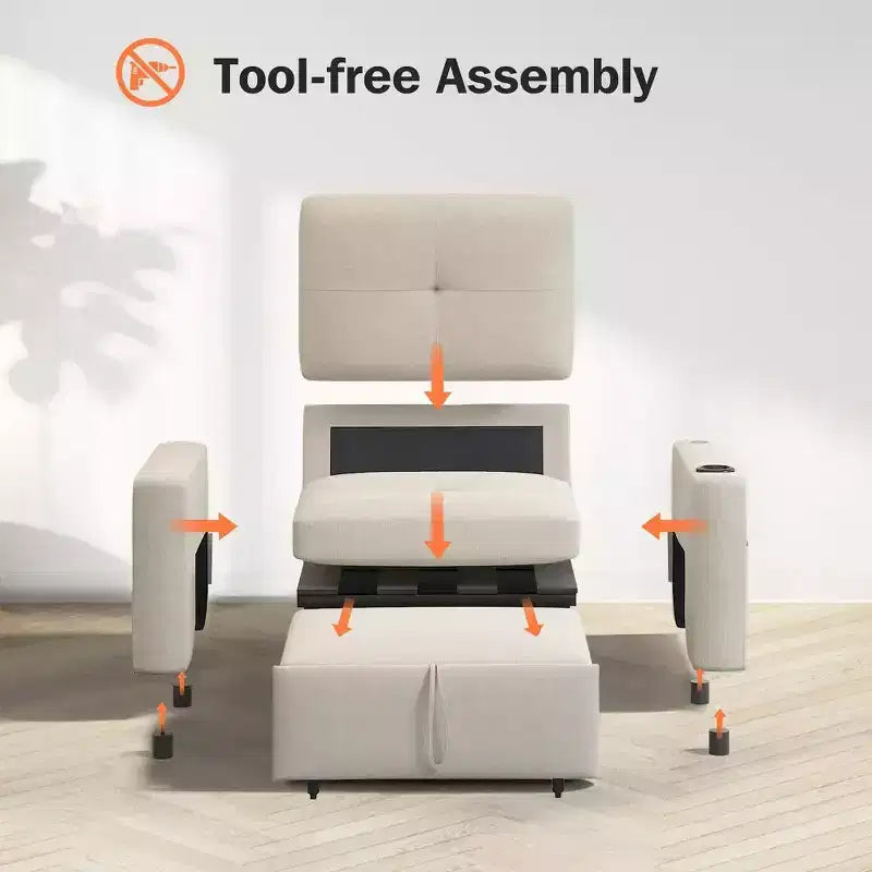 Dyonery Fauteuil Lit Canapé Convertible 3-en-1, 108 cm de Large avec Dossier Réglable, Ports de Charge USB, Table d'Appoint et Porte-Gobelet