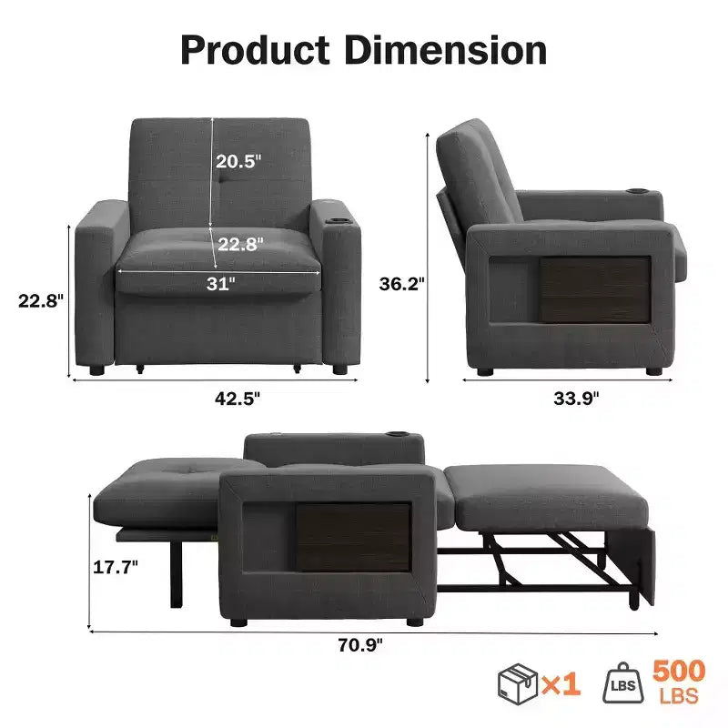 Dyonery Fauteuil Lit Canapé Convertible 3-en-1, 108 cm de Large avec Dossier Réglable, Ports de Charge USB, Table d'Appoint et Porte-Gobelet