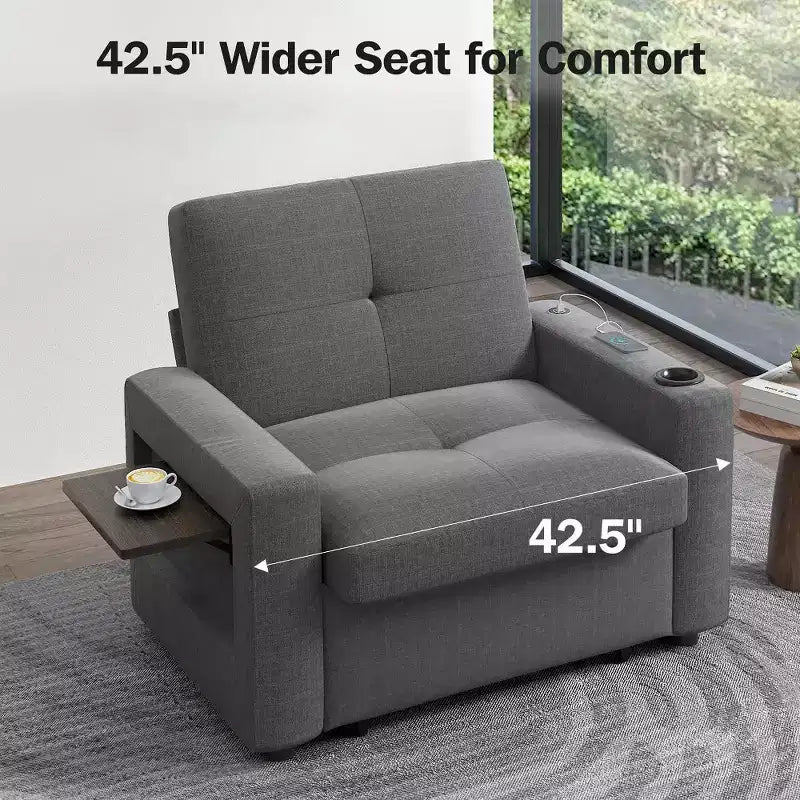 Dyonery Fauteuil Lit Canapé Convertible 3-en-1, 108 cm de Large avec Dossier Réglable, Ports de Charge USB, Table d'Appoint et Porte-Gobelet