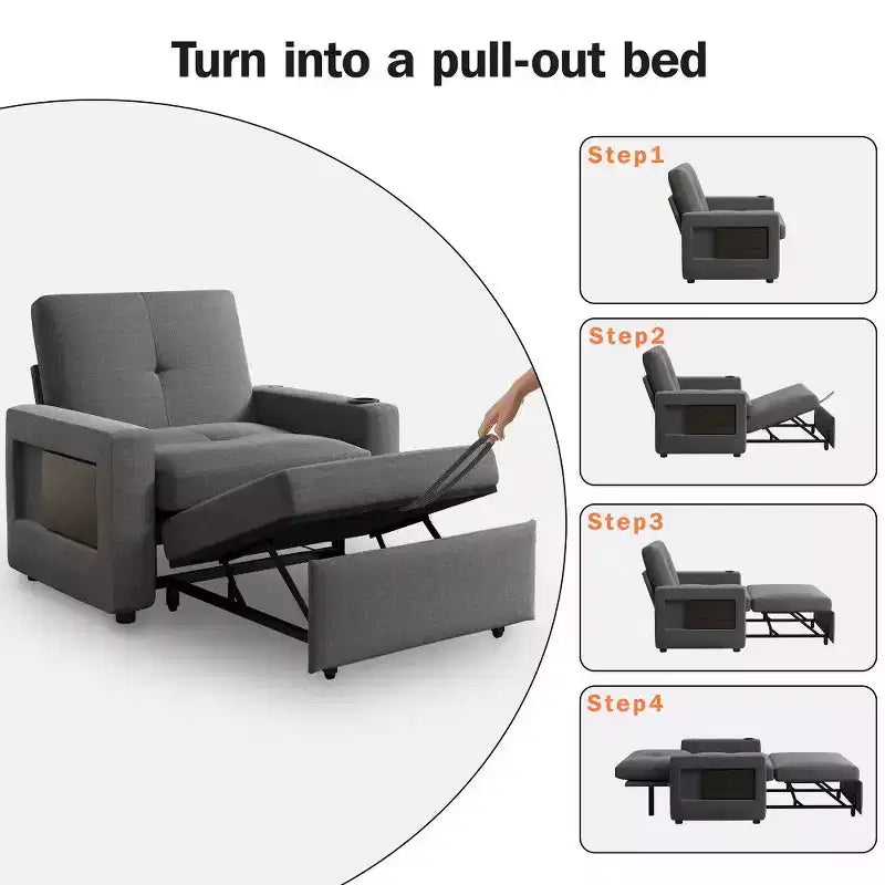Dyonery Fauteuil Lit Canapé Convertible 3-en-1, 108 cm de Large avec Dossier Réglable, Ports de Charge USB, Table d'Appoint et Porte-Gobelet