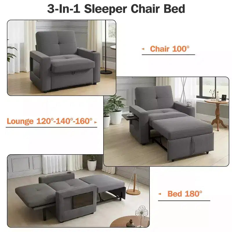 Dyonery Fauteuil Lit Canapé Convertible 3-en-1, 108 cm de Large avec Dossier Réglable, Ports de Charge USB, Table d'Appoint et Porte-Gobelet