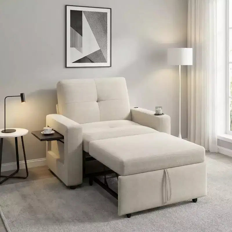 Dyonery Fauteuil Lit Canapé Convertible 3-en-1, 108 cm de Large avec Dossier Réglable, Ports de Charge USB, Table d'Appoint et Porte-Gobelet
