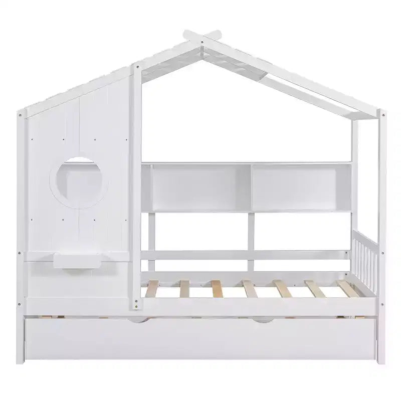 Lit cabane MAYEERTY pour enfant avec lit gigogne, design moderne avec étagère de rangement, blanc