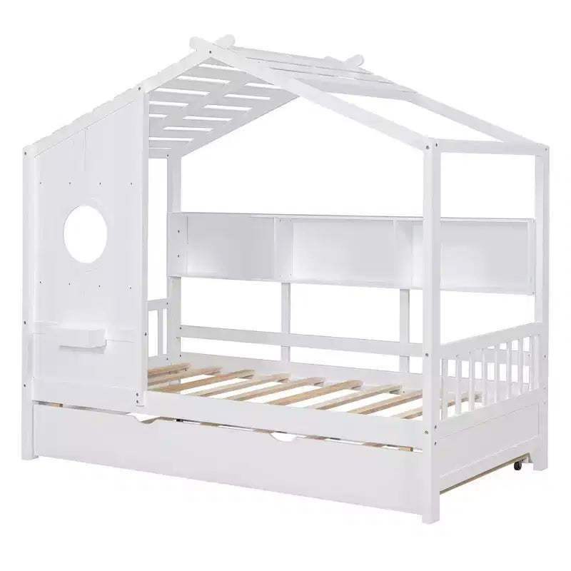 Lit cabane MAYEERTY pour enfant avec lit gigogne, design moderne avec étagère de rangement, blanc