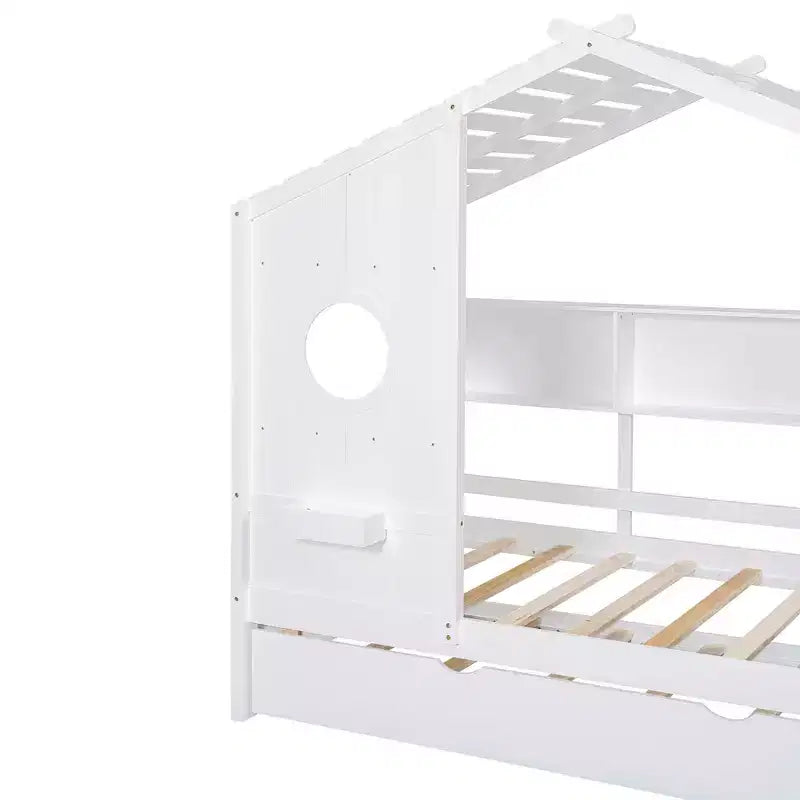 Lit cabane MAYEERTY pour enfant avec lit gigogne, design moderne avec étagère de rangement, blanc