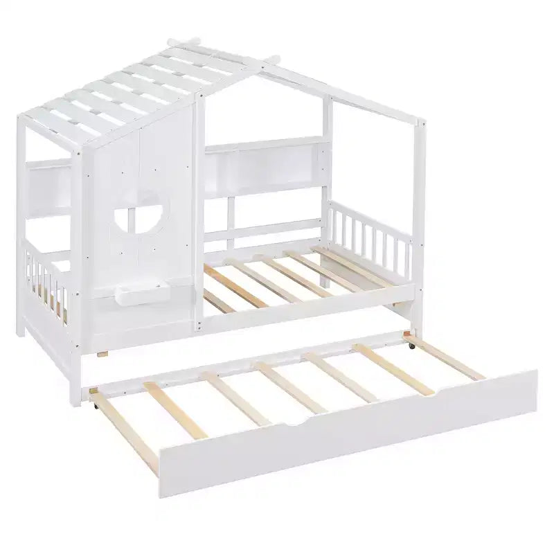 Lit cabane MAYEERTY pour enfant avec lit gigogne, design moderne avec étagère de rangement, blanc