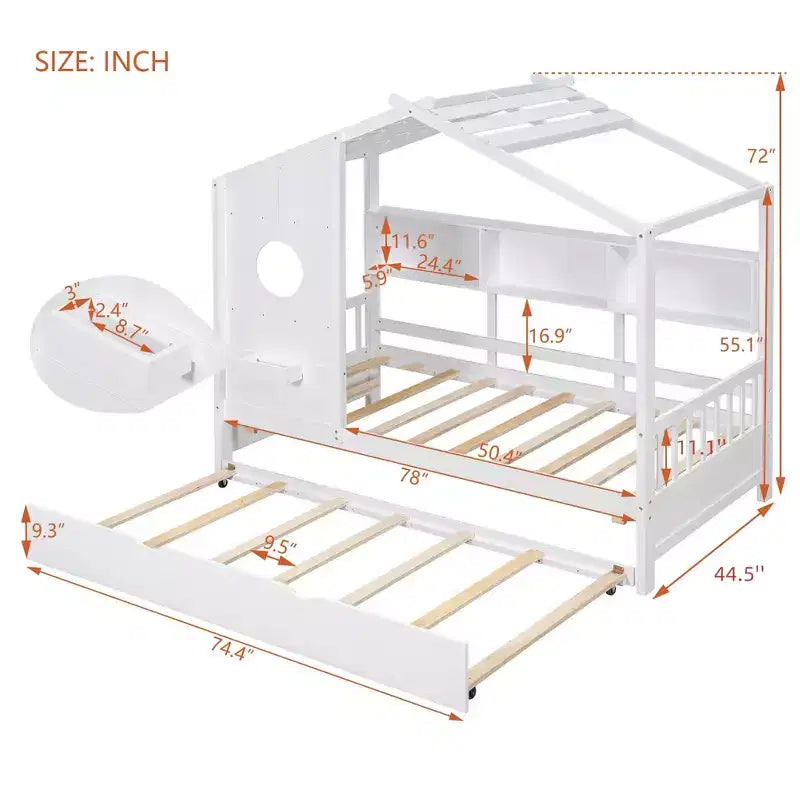 Lit cabane MAYEERTY pour enfant avec lit gigogne, design moderne avec étagère de rangement, blanc