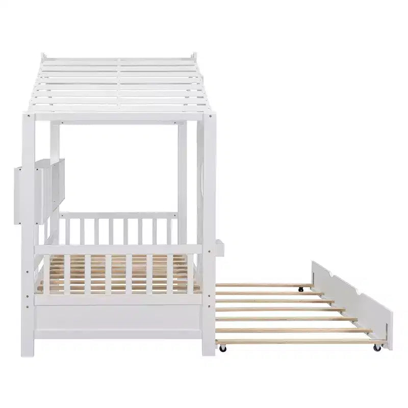 Lit cabane MAYEERTY pour enfant avec lit gigogne, design moderne avec étagère de rangement, blanc