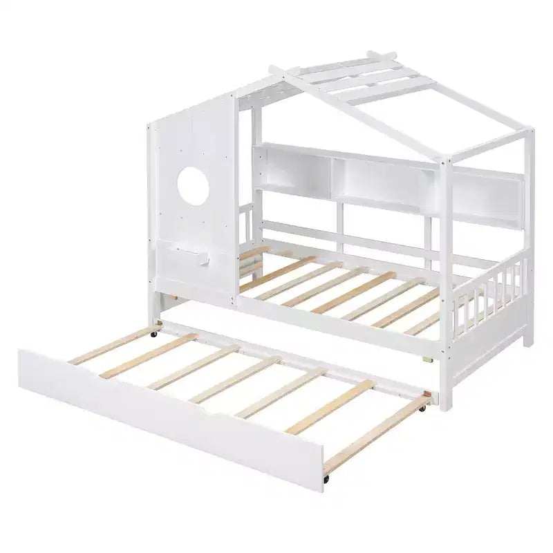 Lit cabane MAYEERTY pour enfant avec lit gigogne, design moderne avec étagère de rangement, blanc