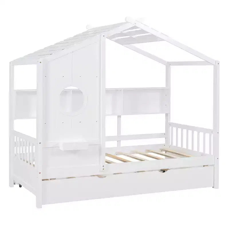Lit cabane MAYEERTY pour enfant avec lit gigogne, design moderne avec étagère de rangement, blanc