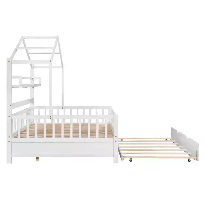 Lit cabane en bois MAYEERTY de taille double avec lit gigogne simple et étagère pour chambre d'enfant, blanc