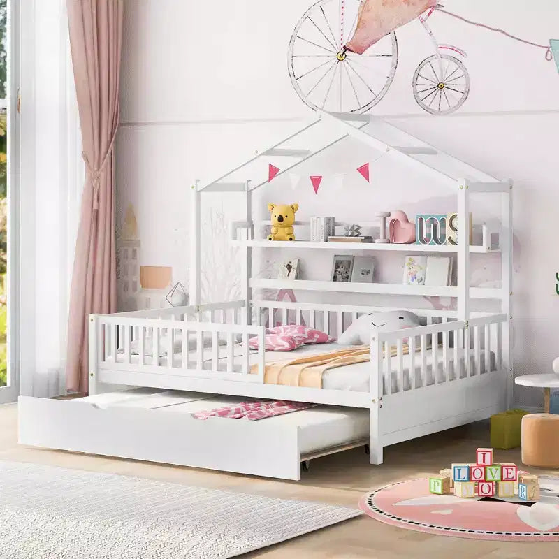Lit cabane en bois MAYEERTY de taille double avec lit gigogne simple et étagère pour chambre d'enfant, blanc