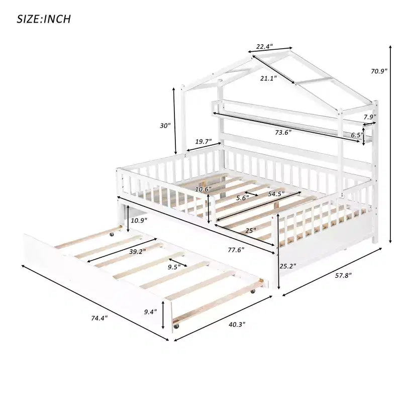 Lit cabane en bois MAYEERTY de taille double avec lit gigogne simple et étagère pour chambre d'enfant, blanc