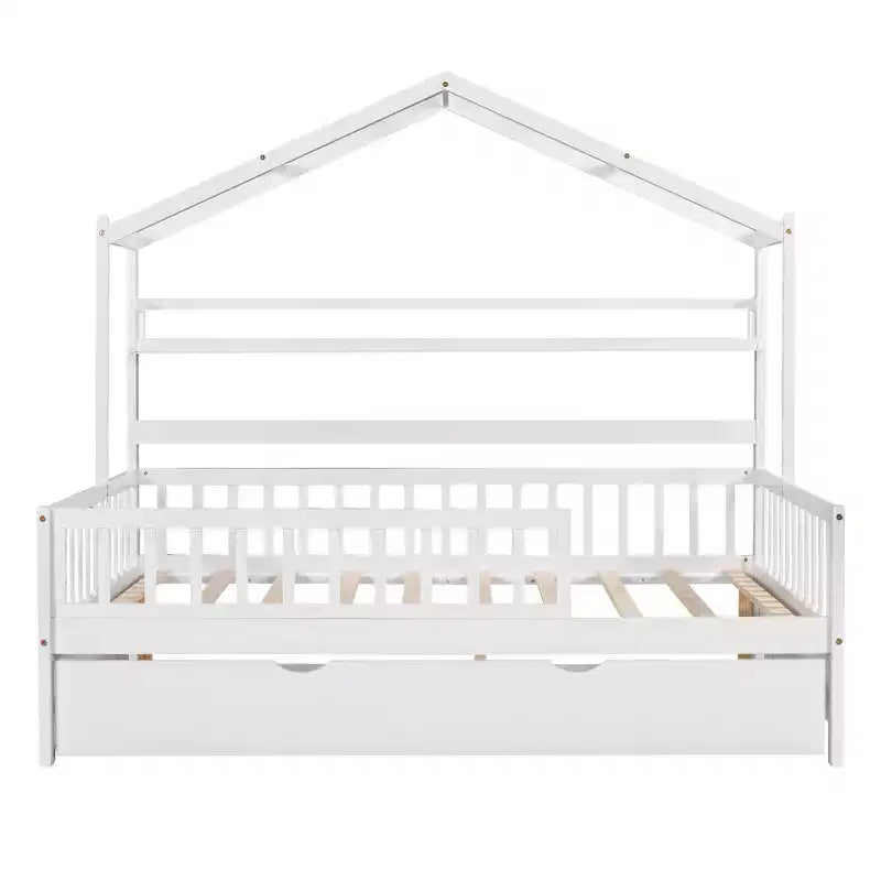 Lit cabane en bois MAYEERTY de taille double avec lit gigogne simple et étagère pour chambre d'enfant, blanc