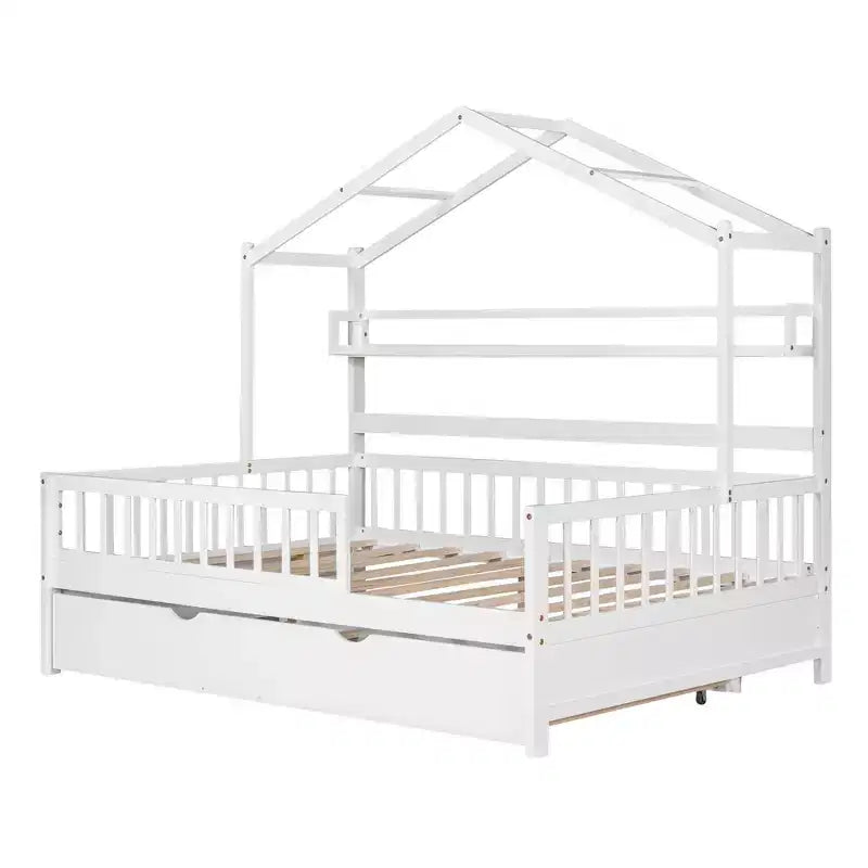 Lit cabane en bois MAYEERTY de taille double avec lit gigogne simple et étagère pour chambre d'enfant, blanc