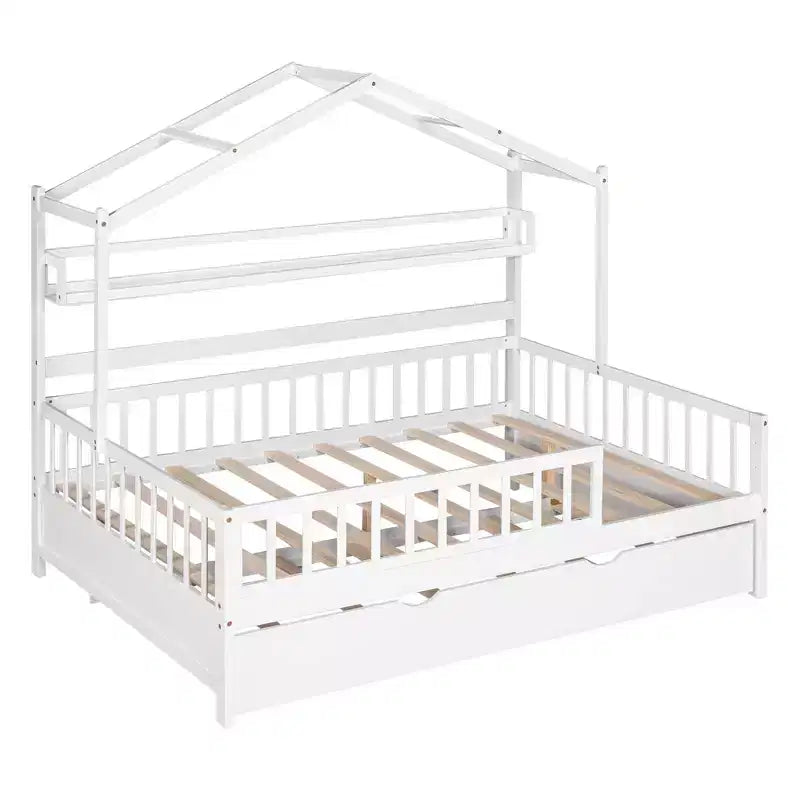 Lit cabane en bois MAYEERTY de taille double avec lit gigogne simple et étagère pour chambre d'enfant, blanc
