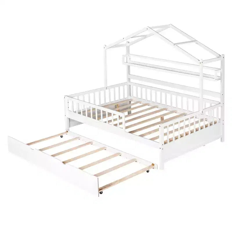 Lit cabane en bois MAYEERTY de taille double avec lit gigogne simple et étagère pour chambre d'enfant, blanc
