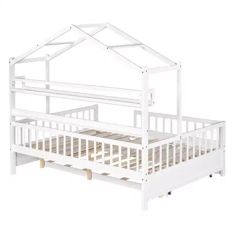 Lit cabane en bois MAYEERTY de taille double avec lit gigogne simple et étagère pour chambre d'enfant, blanc