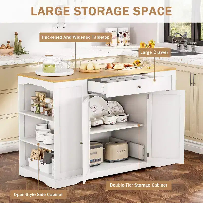 EROMMY 53 Chariot îlot de cuisine mobile, îlots de rangement de cuisine avec armoire à poubelle, étagère à épices, porte-serviettes et tiroirs