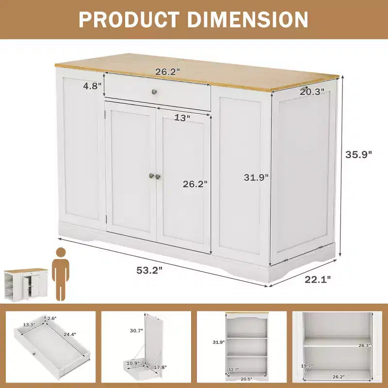 EROMMY 53 Chariot îlot de cuisine mobile, îlots de rangement de cuisine avec armoire à poubelle, étagère à épices, porte-serviettes et tiroirs