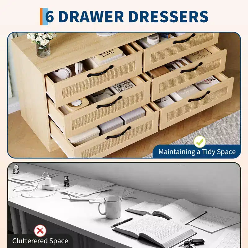 Meuble TV moderne avec support pour téléviseurs de 32 à 85 pouces, commode en rotin à 6 tiroirs, console média avec rangement généreux pour salon ou chambre à coucher