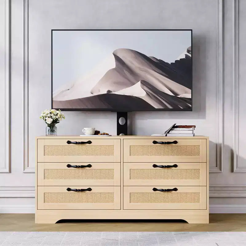 Meuble TV moderne avec support pour téléviseurs de 32 à 85 pouces, commode en rotin à 6 tiroirs, console média avec rangement généreux pour salon ou chambre à coucher